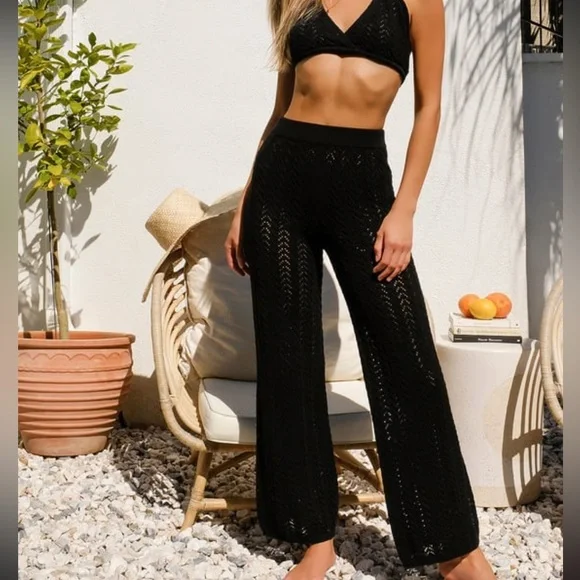 Balmy Breeze Black Crochet High-Waisted Swim Cover-Up Pants - Picture 1 of 7